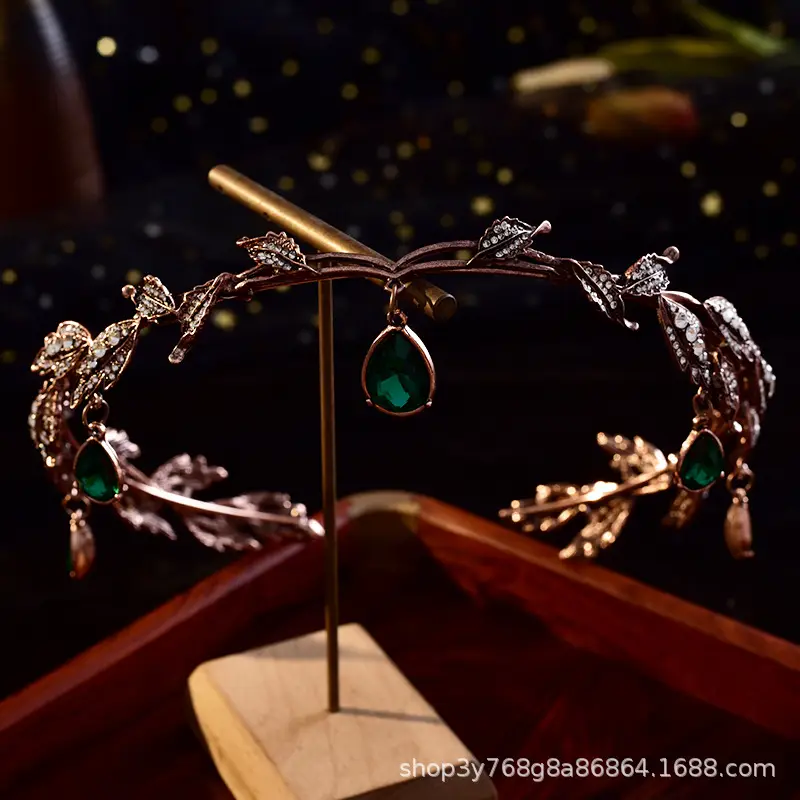 2024 Princess Crown Gold Emerald Wedding Bridal Crown - Image 34