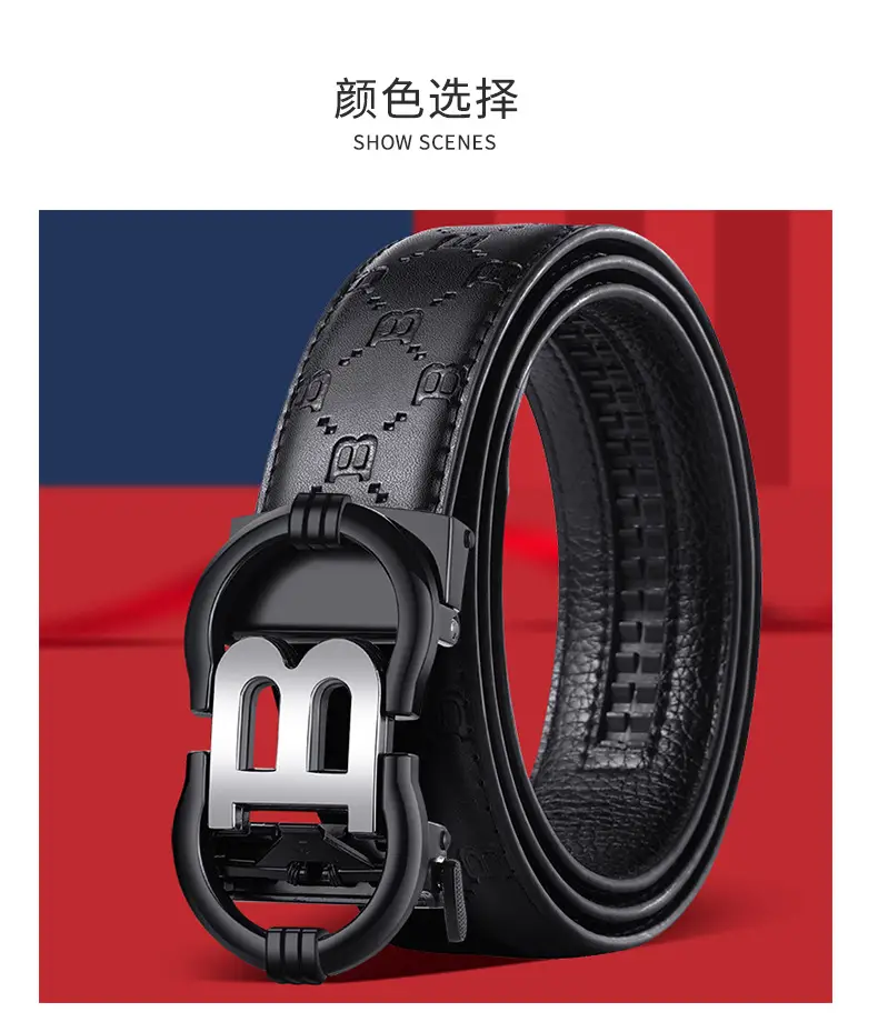 Men's Black Leather Belt with Letter B Buckle — feature 13