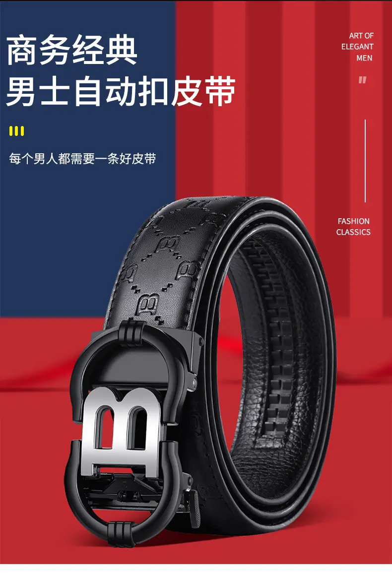 Men's Black Leather Belt with Letter B Buckle — feature 2