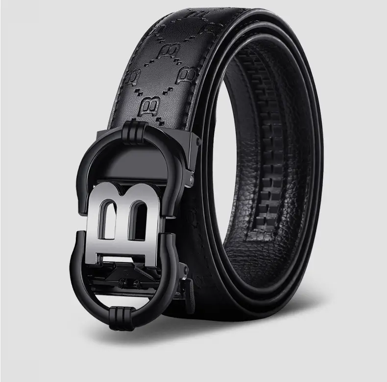 Men's Black Leather Belt with Letter B Buckle — feature 9