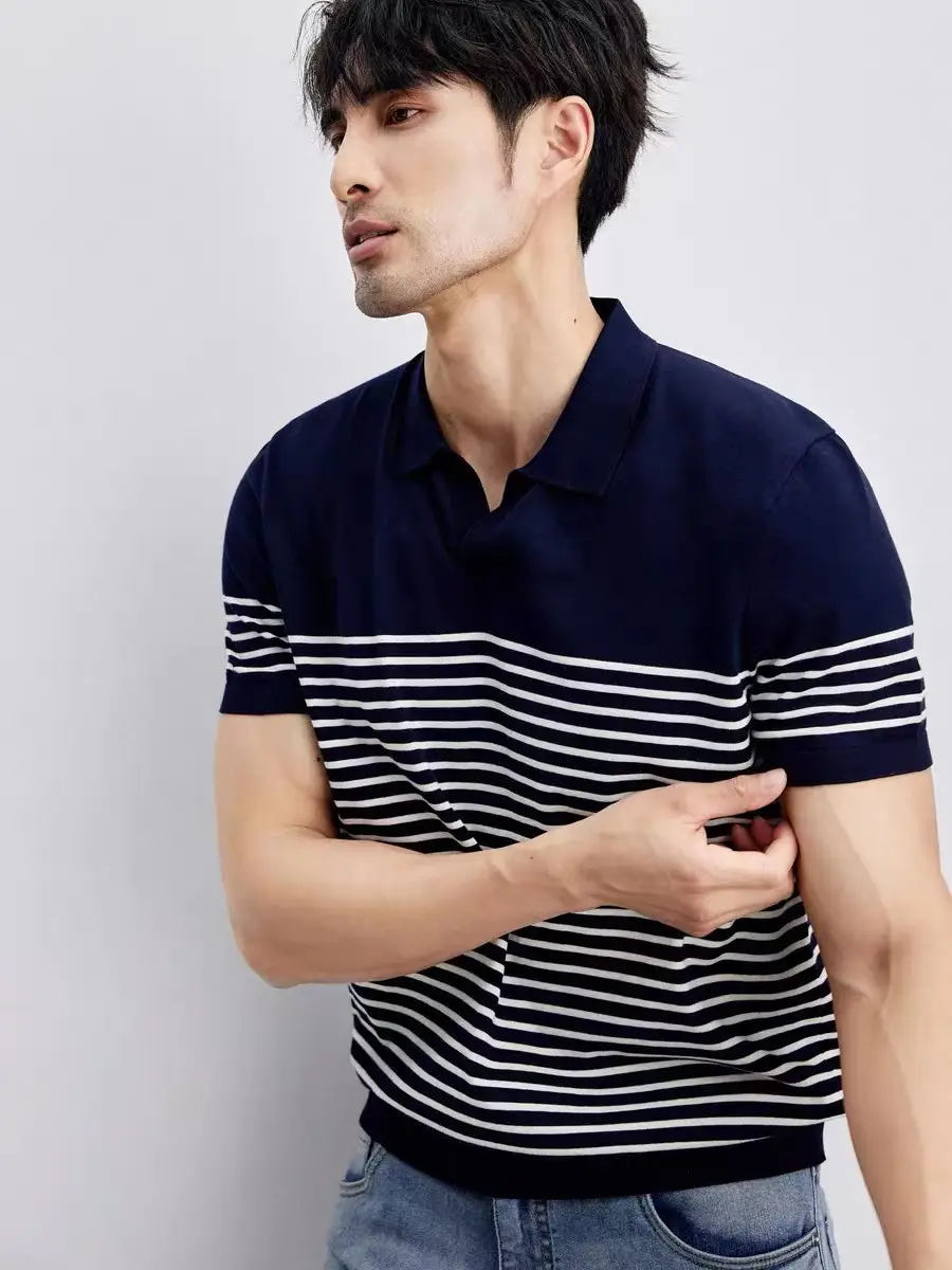 Men Striped Polo T-Shirt Blue White Casual Summer - Image 4