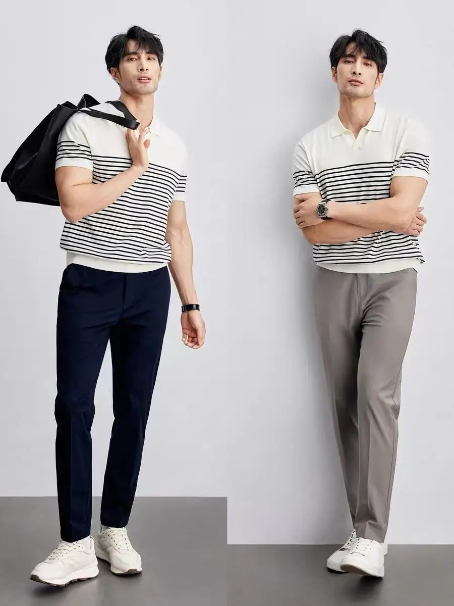 Men Striped Polo T-Shirt Blue White Casual Summer - Image 5