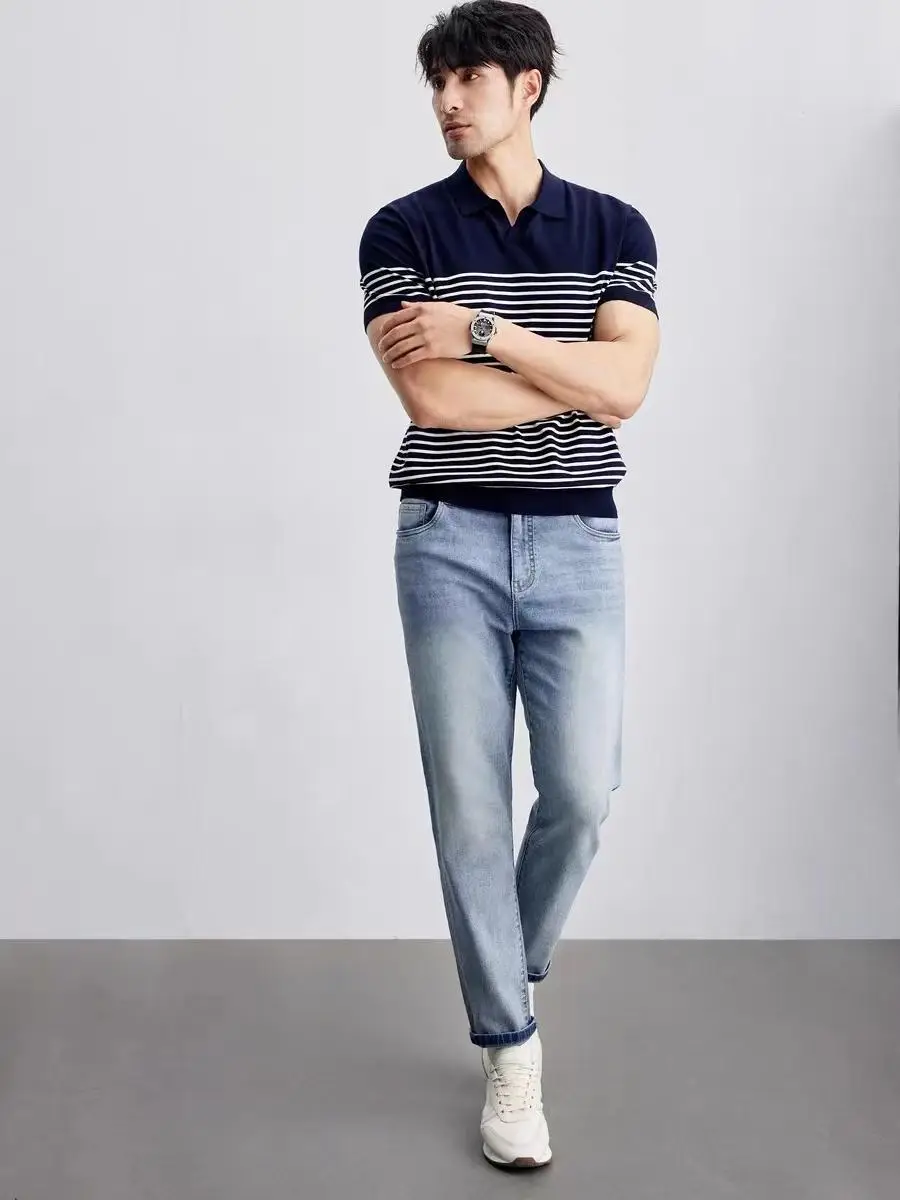 Men Striped Polo T-Shirt Blue White Casual Summer - Image 6