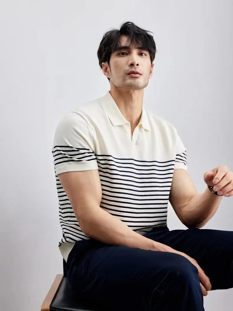 Men Striped Polo T-Shirt Blue White Casual Summer — feature 10