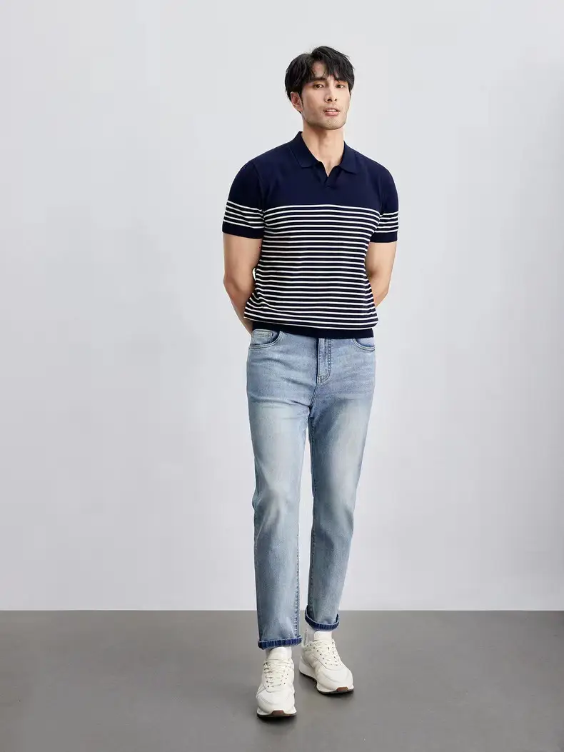 Men Striped Polo T-Shirt Blue White Casual Summer — feature 11
