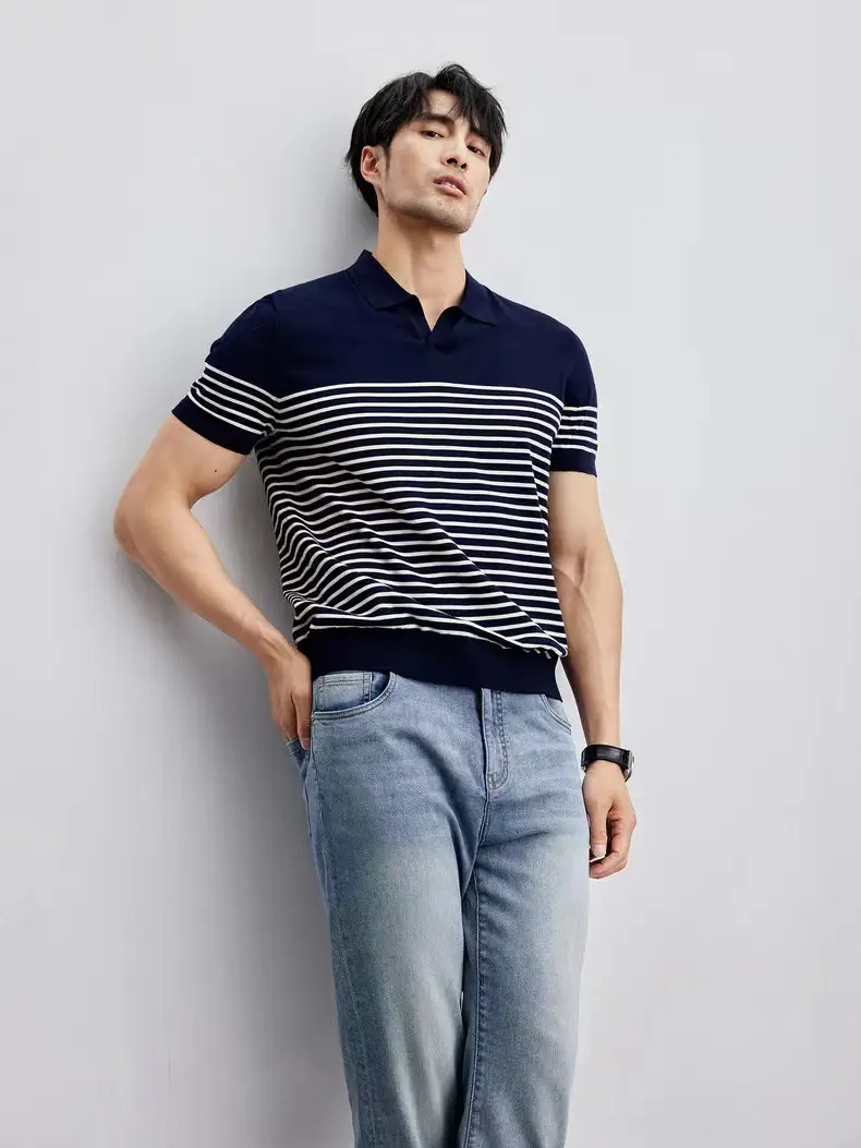 Men Striped Polo T-Shirt Blue White Casual Summer — feature 12
