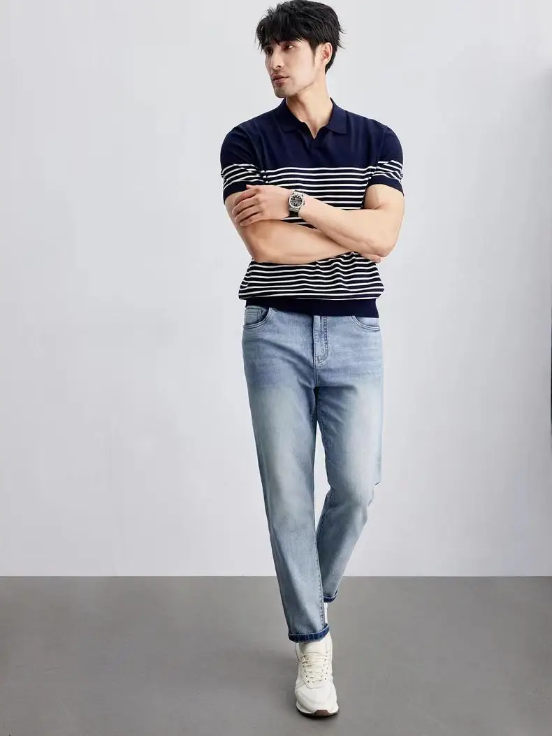 Men Striped Polo T-Shirt Blue White Casual Summer — feature 14