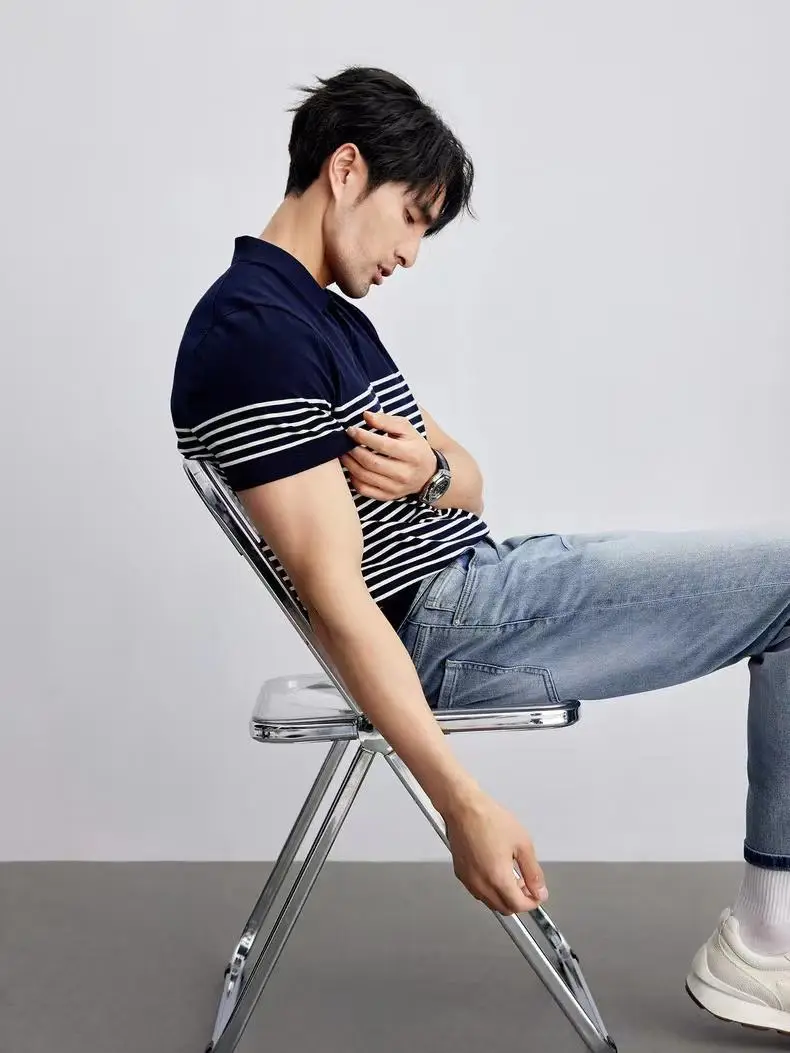 Men Striped Polo T-Shirt Blue White Casual Summer — feature 15