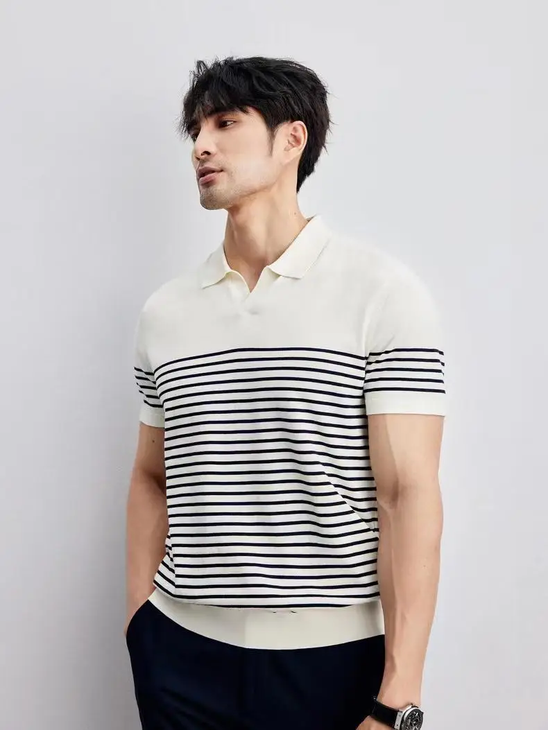 Men Striped Polo T-Shirt Blue White Casual Summer — feature 17