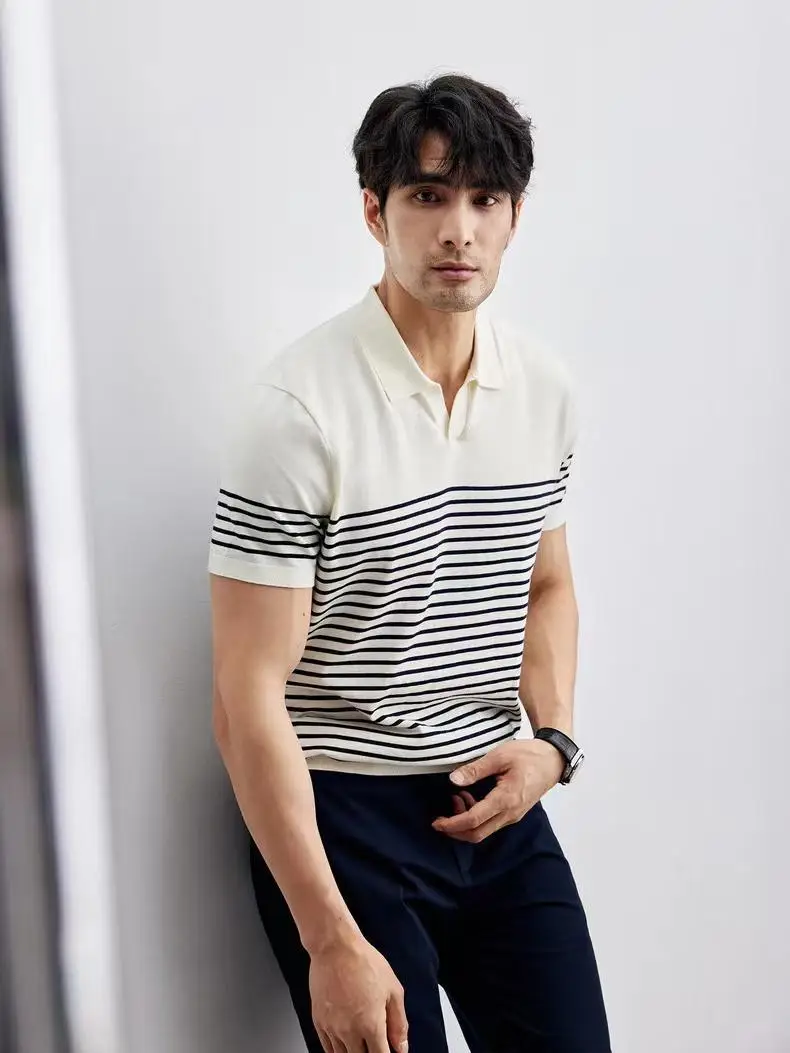 Men Striped Polo T-Shirt Blue White Casual Summer — feature 22