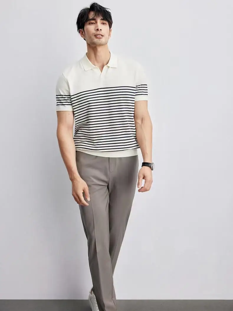 Men Striped Polo T-Shirt Blue White Casual Summer — feature 23