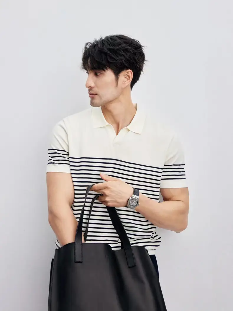 Men Striped Polo T-Shirt Blue White Casual Summer — feature 3