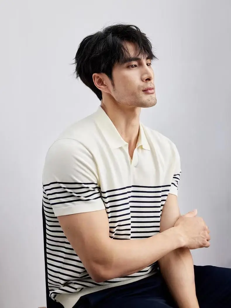 Men Striped Polo T-Shirt Blue White Casual Summer — feature 5