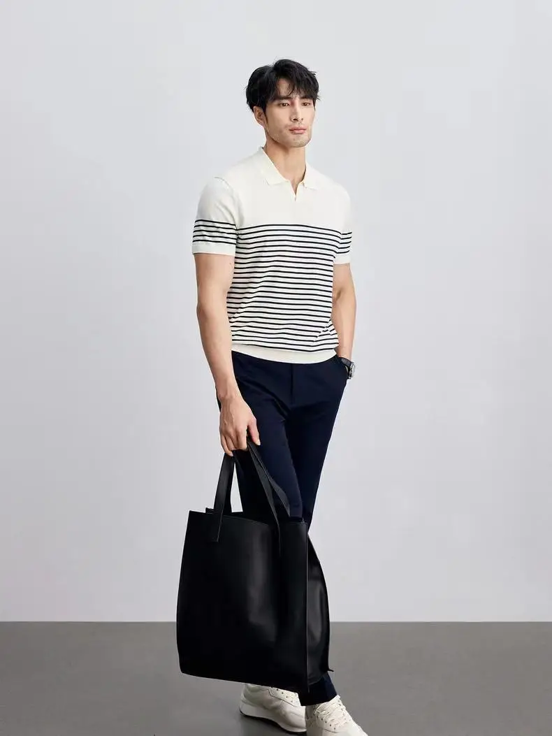 Men Striped Polo T-Shirt Blue White Casual Summer — feature 6