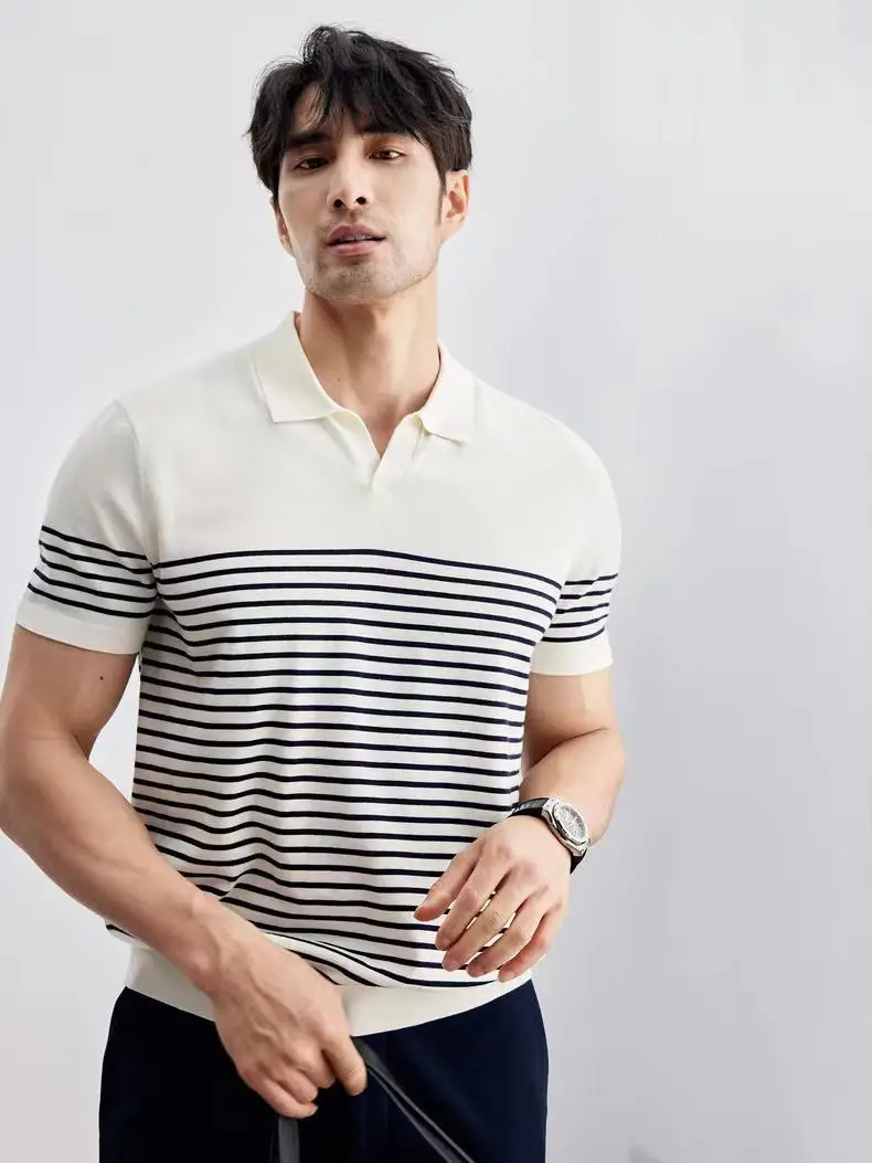 Men Striped Polo T-Shirt Blue White Casual Summer — feature 7