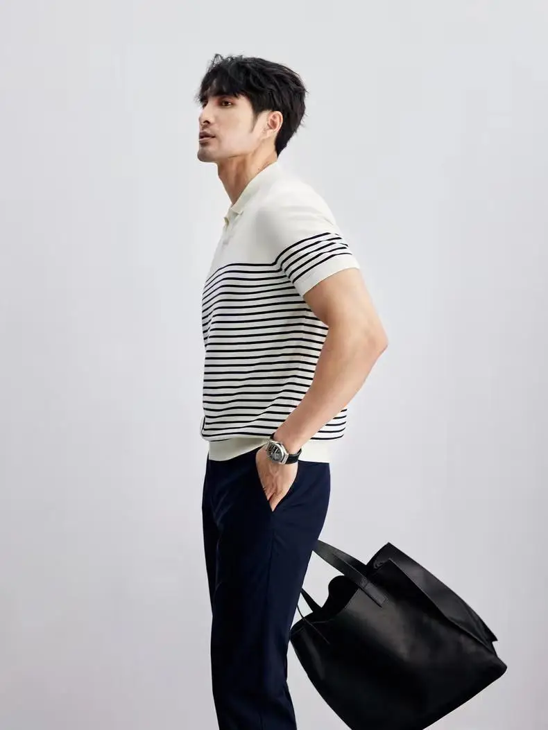 Men Striped Polo T-Shirt Blue White Casual Summer — feature 8