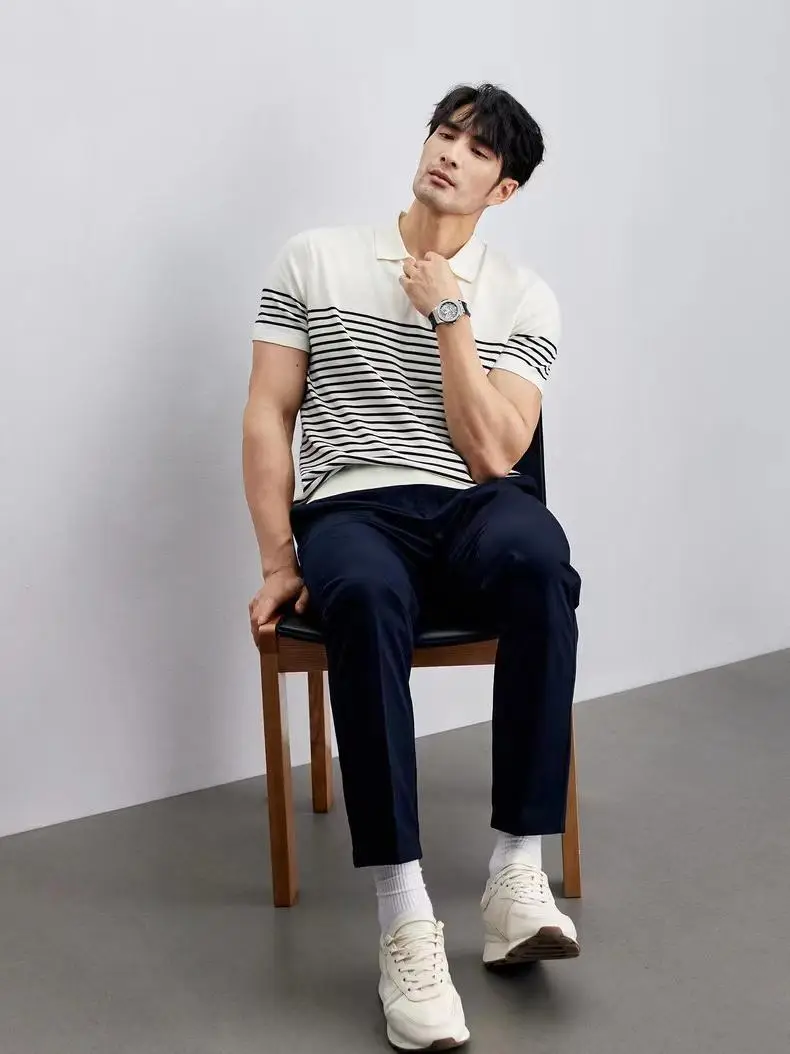 Men Striped Polo T-Shirt Blue White Casual Summer — feature 9