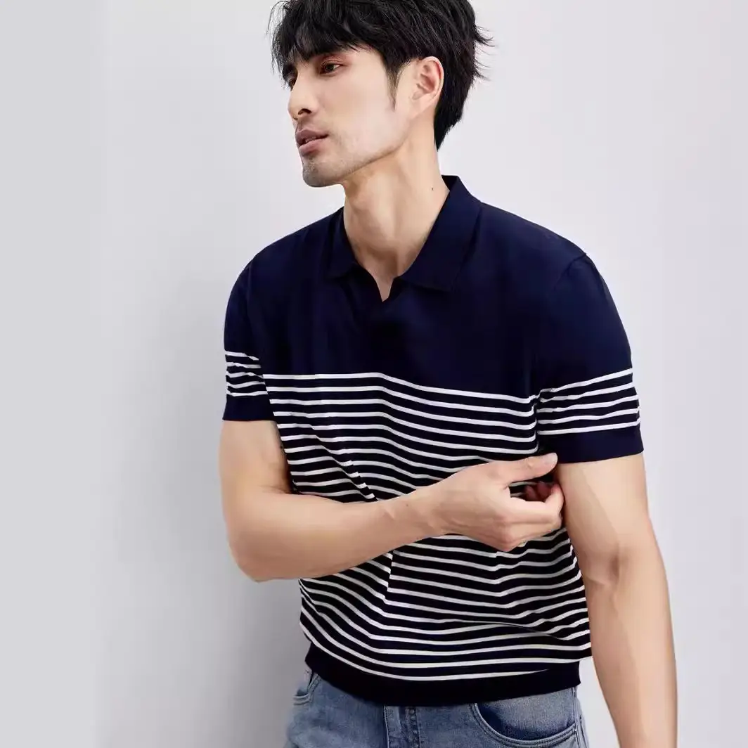 Men Striped Polo T-Shirt Blue White Casual Summer - Image 2