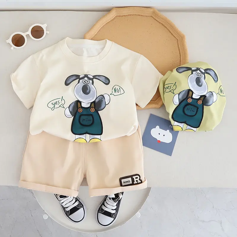 Kids Summer T-Shirt Shorts Set Green Beige Cotton 2024