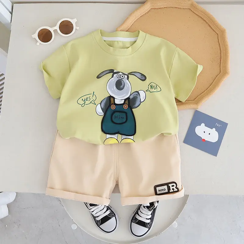 Kids Summer T-Shirt Shorts Set Green Beige Cotton 2024