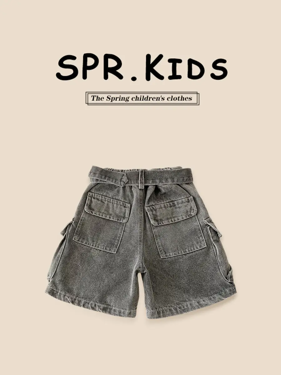 Spr Kids Boys Denim Shorts 2025 Summer New Belt Five Pocket