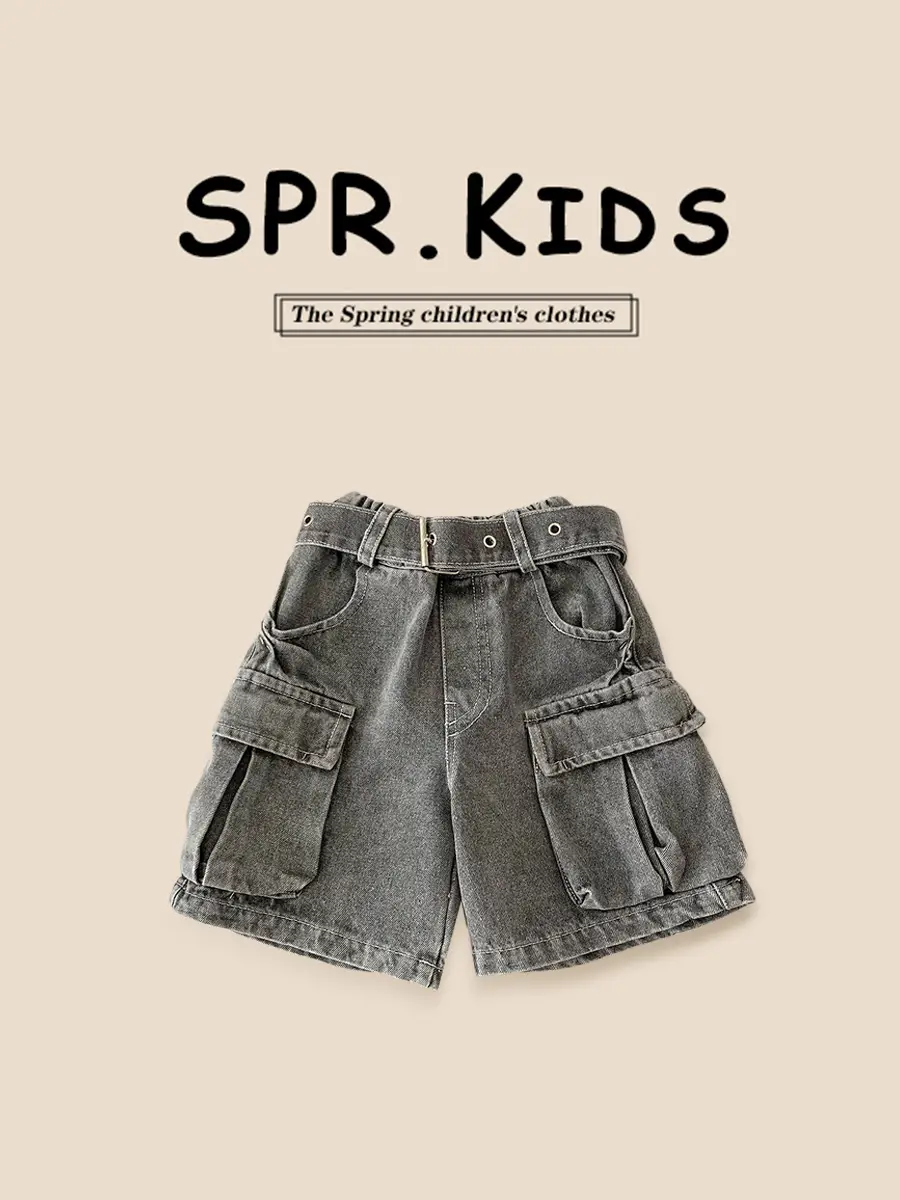 Spr Kids Boys Denim Shorts 2025 Summer New Belt Five Pocket