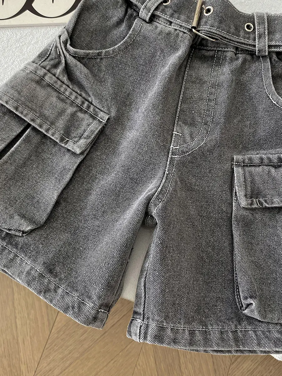 Spr Kids Boys Denim Shorts 2025 Summer New Belt Five Pocket