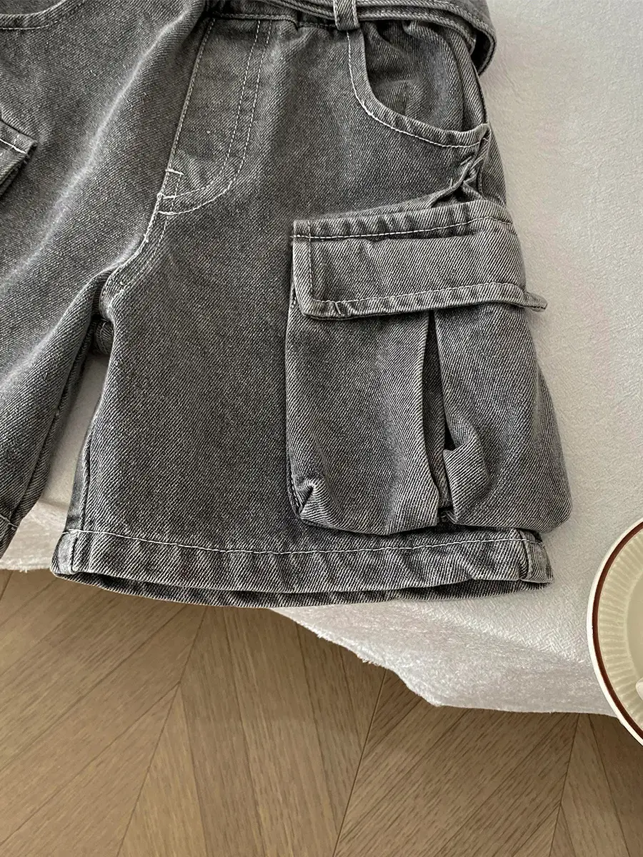 Spr Kids Boys Denim Shorts 2025 Summer New Belt Five Pocket