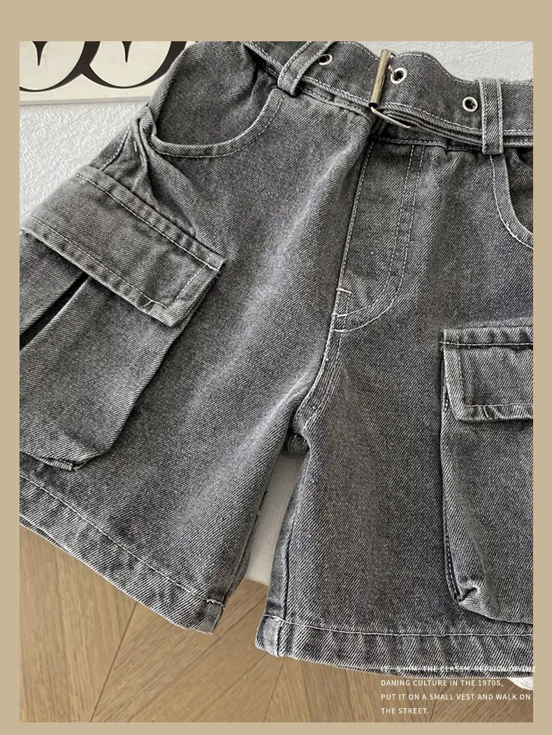 Spr Kids Boys Denim Shorts 2025 Summer New Belt Five Pocket — feature 10