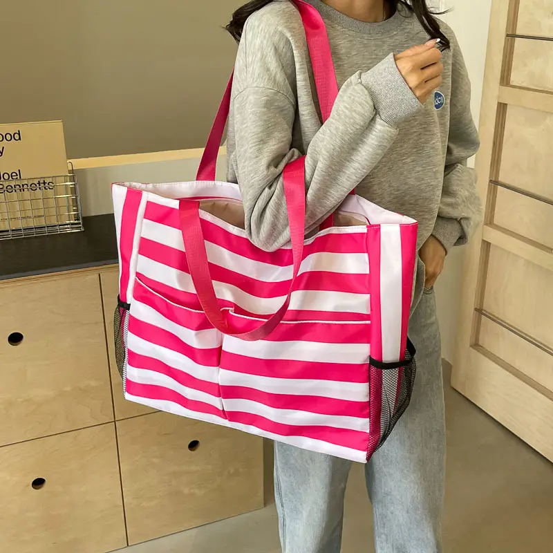 Striped Canvas Tote Bag Blue White Large Capacity - Image 6