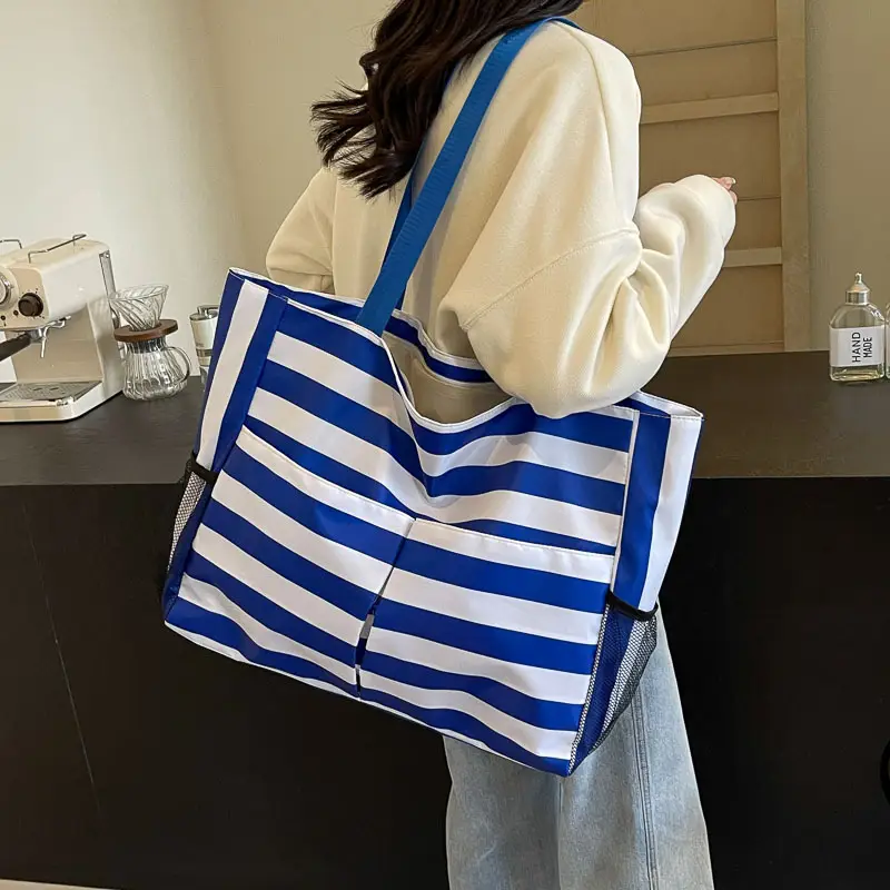 Striped Canvas Tote Bag Blue White Large Capacity - Image 7