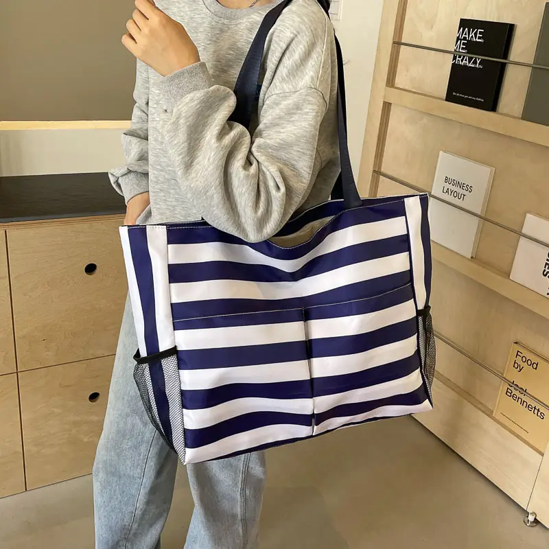 Striped Canvas Tote Bag Blue White Large Capacity - Image 8