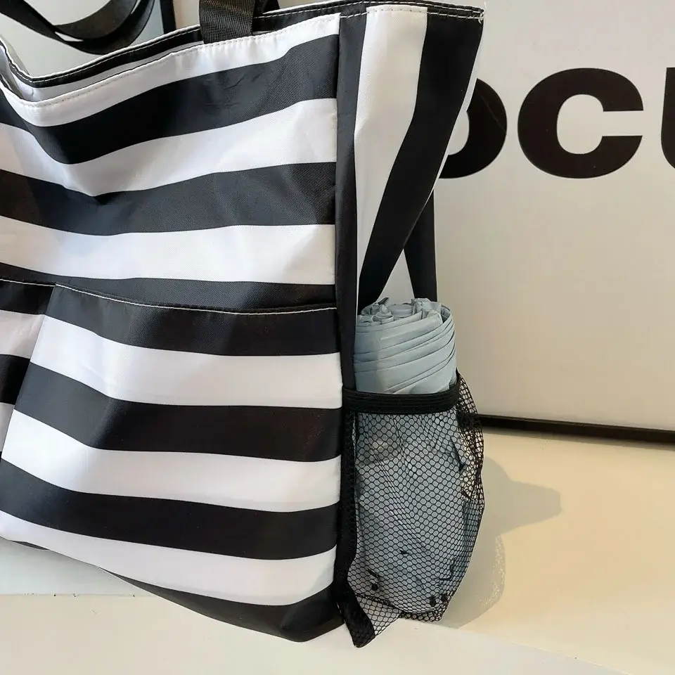 Striped Canvas Tote Bag Blue White Large Capacity — feature 10