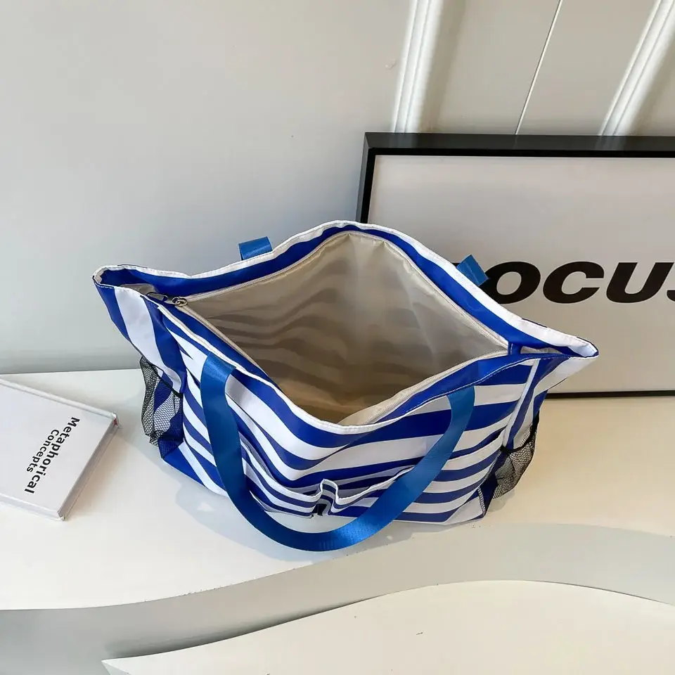 Striped Canvas Tote Bag Blue White Large Capacity — feature 12