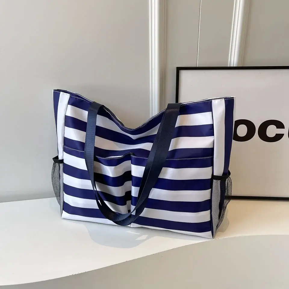 Striped Canvas Tote Bag Blue White Large Capacity — feature 14