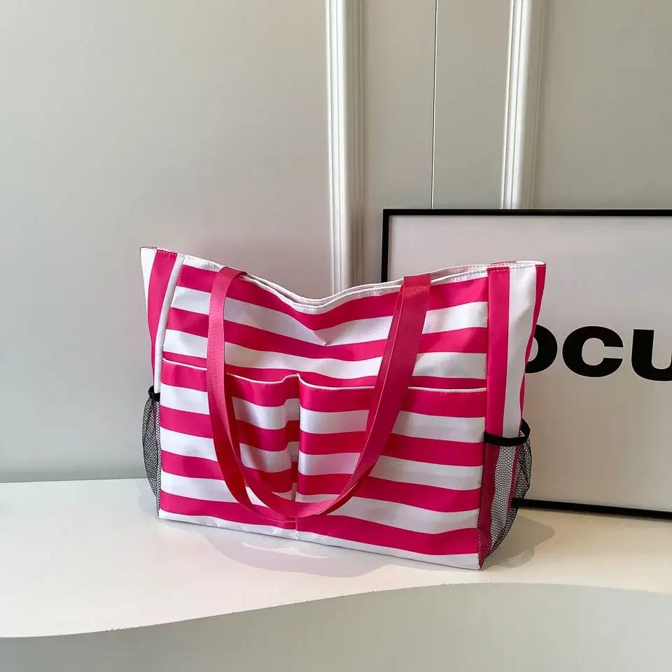 Striped Canvas Tote Bag Blue White Large Capacity — feature 15