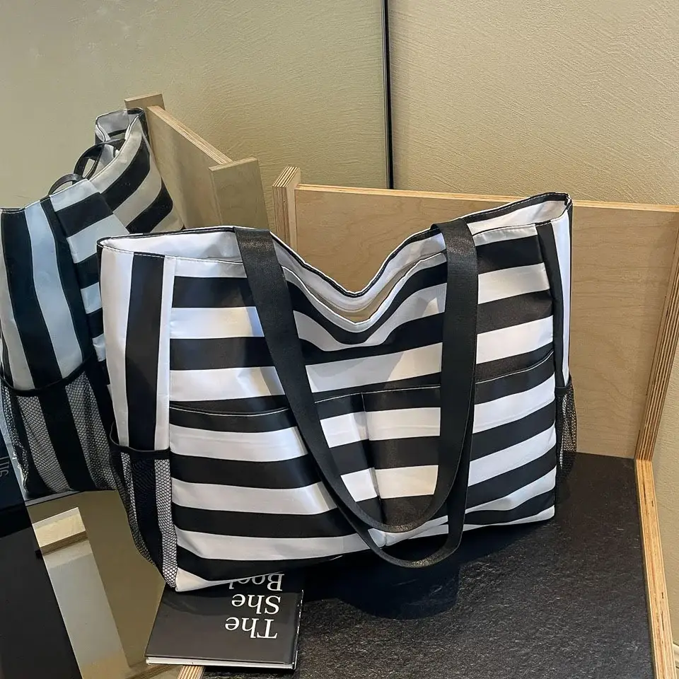Striped Canvas Tote Bag Blue White Large Capacity — feature 16