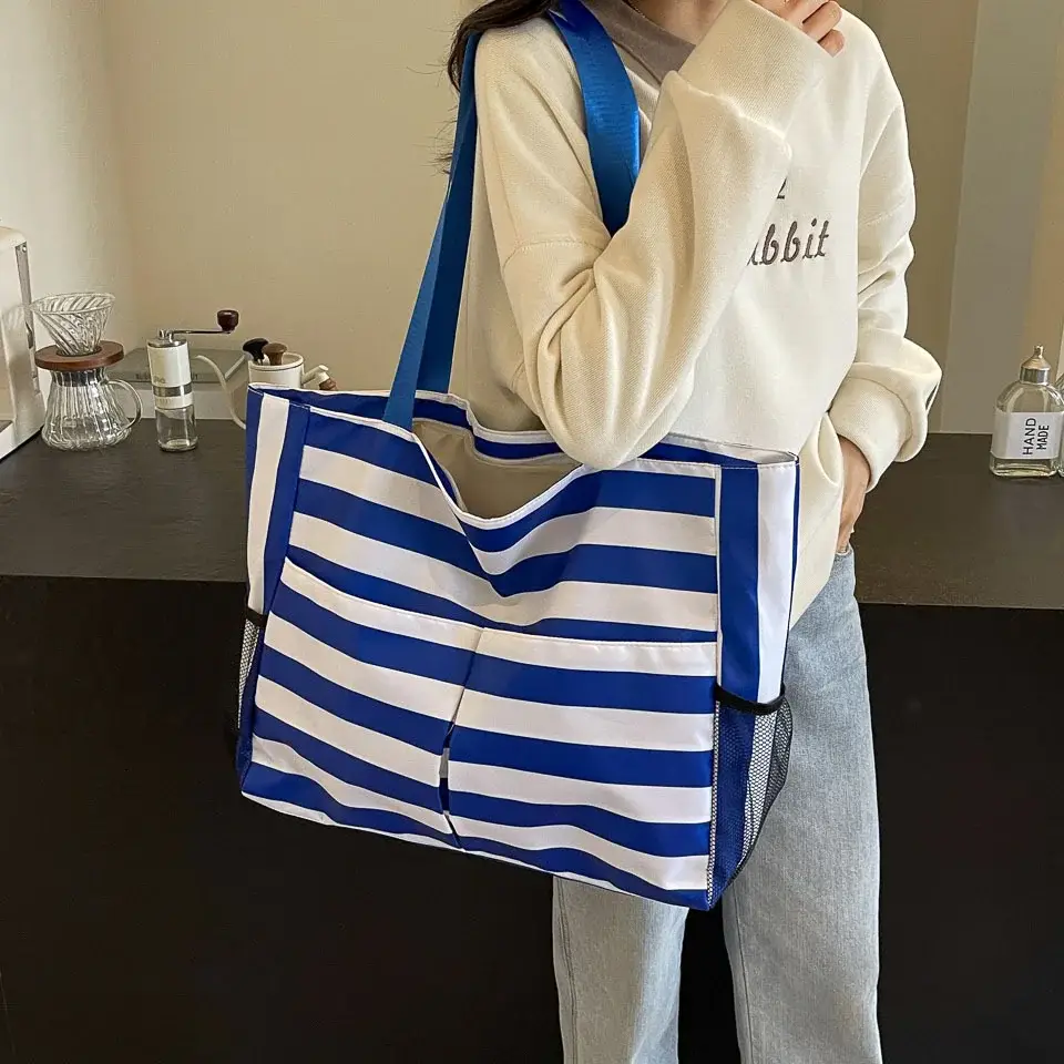 Striped Canvas Tote Bag Blue White Large Capacity — feature 17