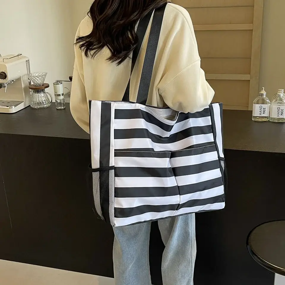 Striped Canvas Tote Bag Blue White Large Capacity — feature 18