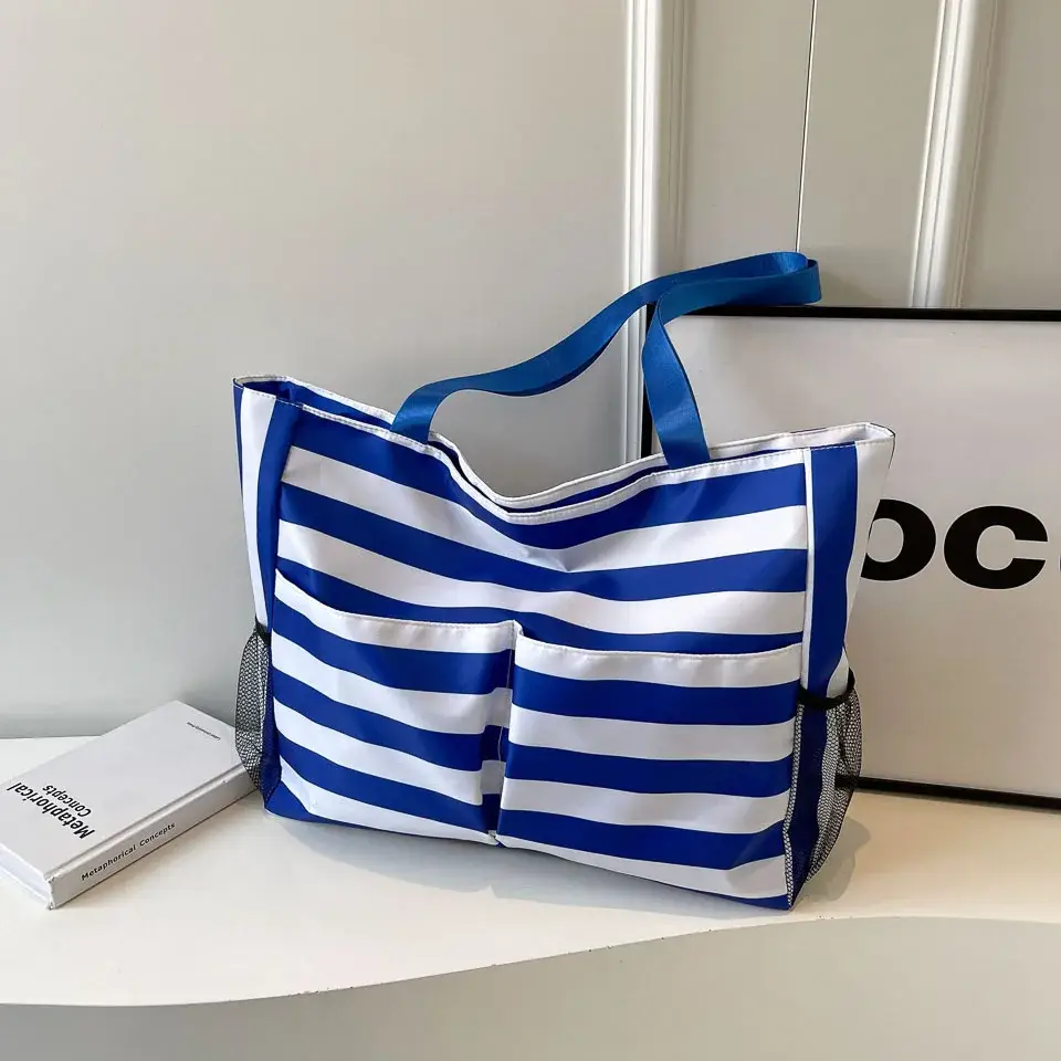 Striped Canvas Tote Bag Blue White Large Capacity — feature 2