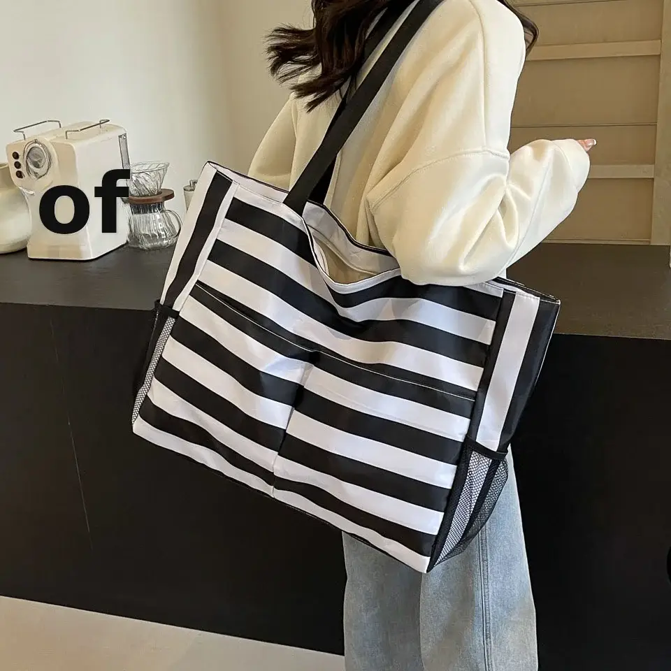 Striped Canvas Tote Bag Blue White Large Capacity — feature 21