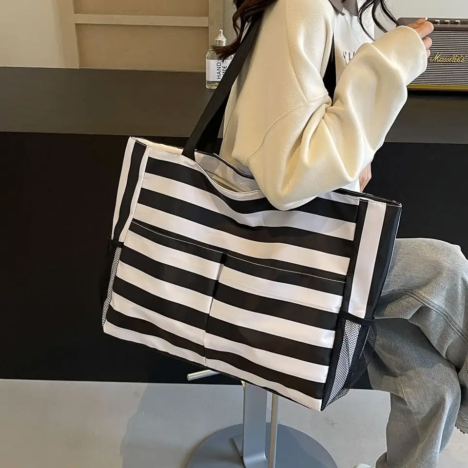 Striped Canvas Tote Bag Blue White Large Capacity — feature 23