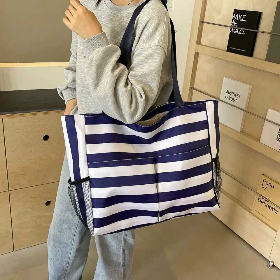 Striped Canvas Tote Bag Blue White Large Capacity — feature 24