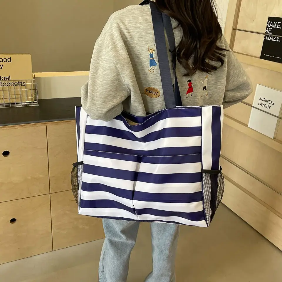 Striped Canvas Tote Bag Blue White Large Capacity — feature 25