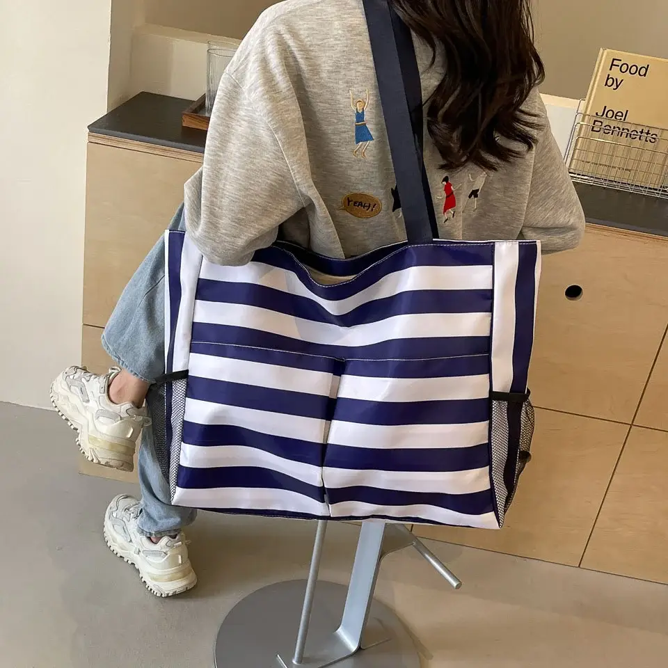 Striped Canvas Tote Bag Blue White Large Capacity — feature 26