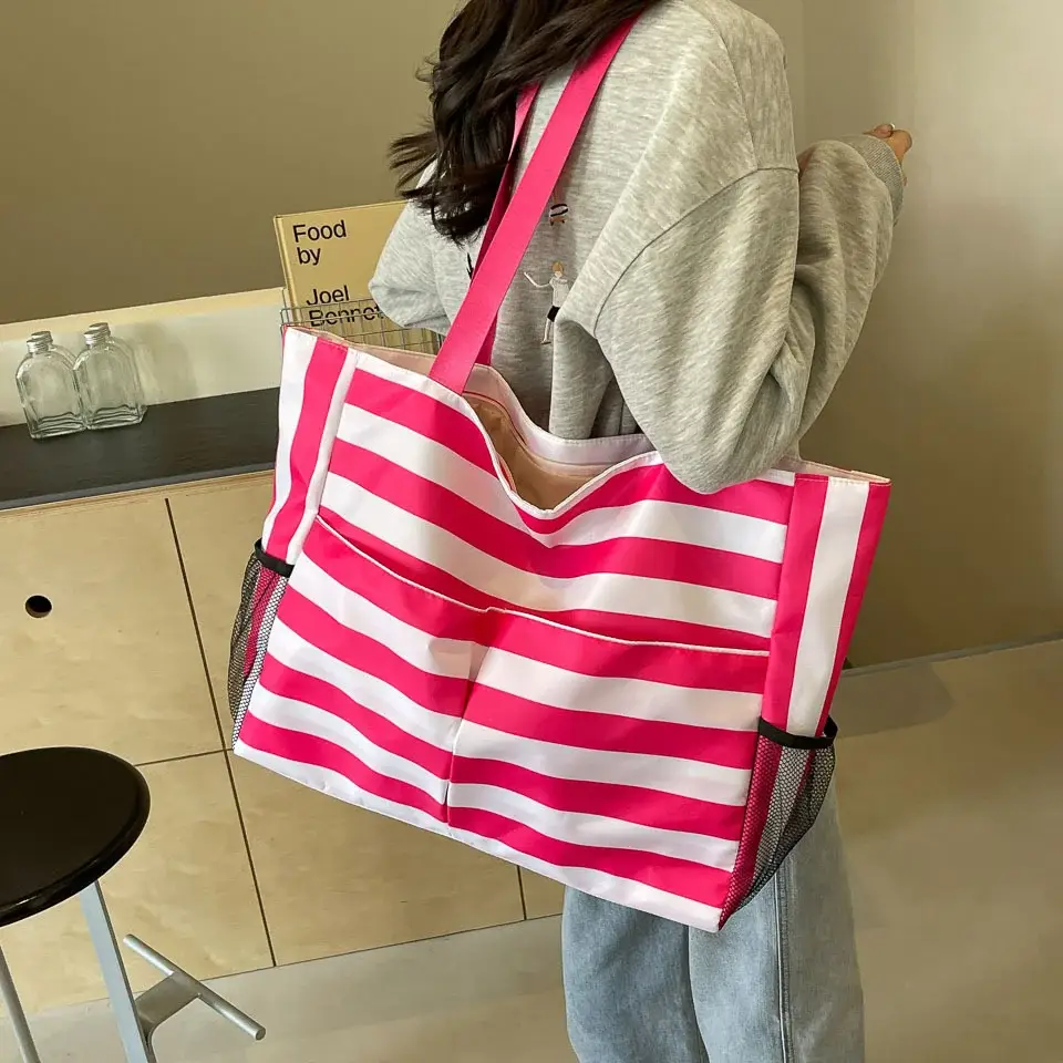 Striped Canvas Tote Bag Blue White Large Capacity — feature 27