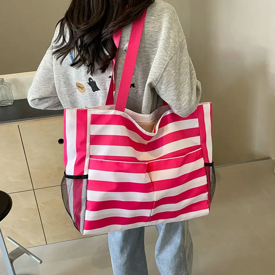 Striped Canvas Tote Bag Blue White Large Capacity — feature 28