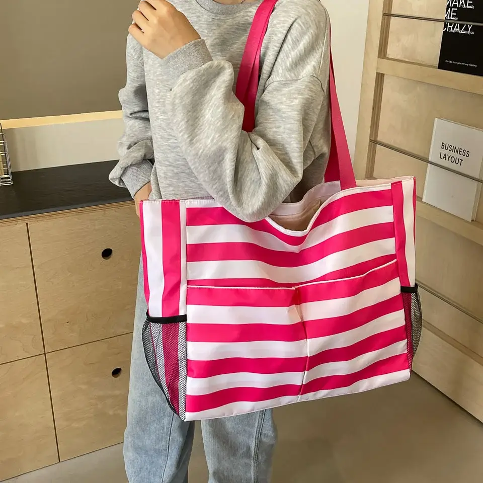 Striped Canvas Tote Bag Blue White Large Capacity — feature 29