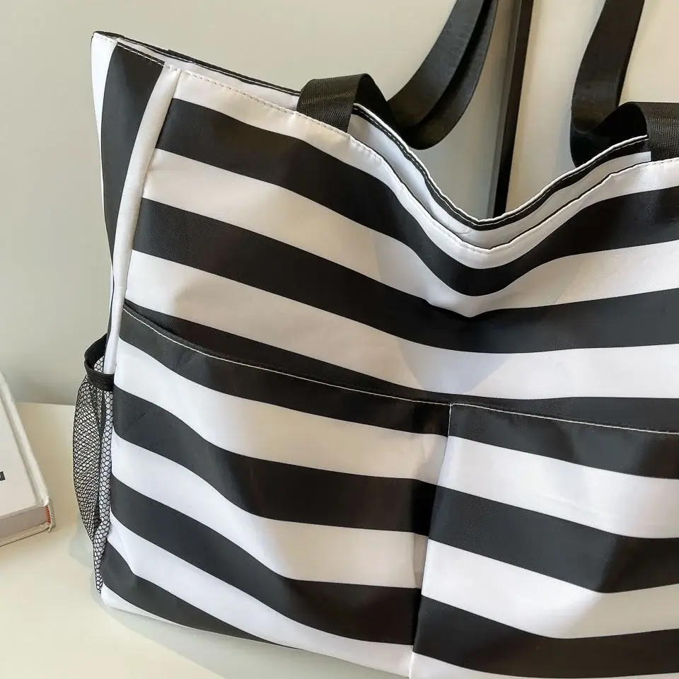 Striped Canvas Tote Bag Blue White Large Capacity — feature 9