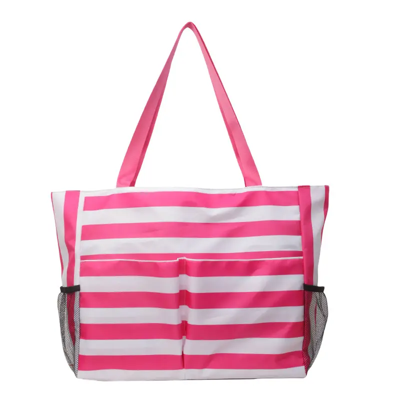 Striped Canvas Tote Bag Blue White Large Capacity - Image 2